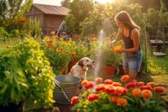 Portrait of a young woman with dog in a biodynamic garden. Self-sustaining concept of living in nature and community of more people AI generated art